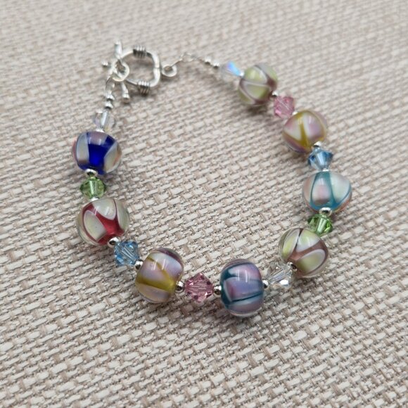 7.5 Inch Sterling Silver Colorful Crystal And Glass Handmade Bracelet B914 - Picture 2 of 6
